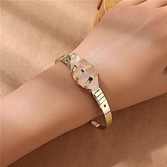 Jewelry - Artisan Free Spirit Unique Pink Stone Cuff Bracelet Minimalist Gold Tone Jewelry
